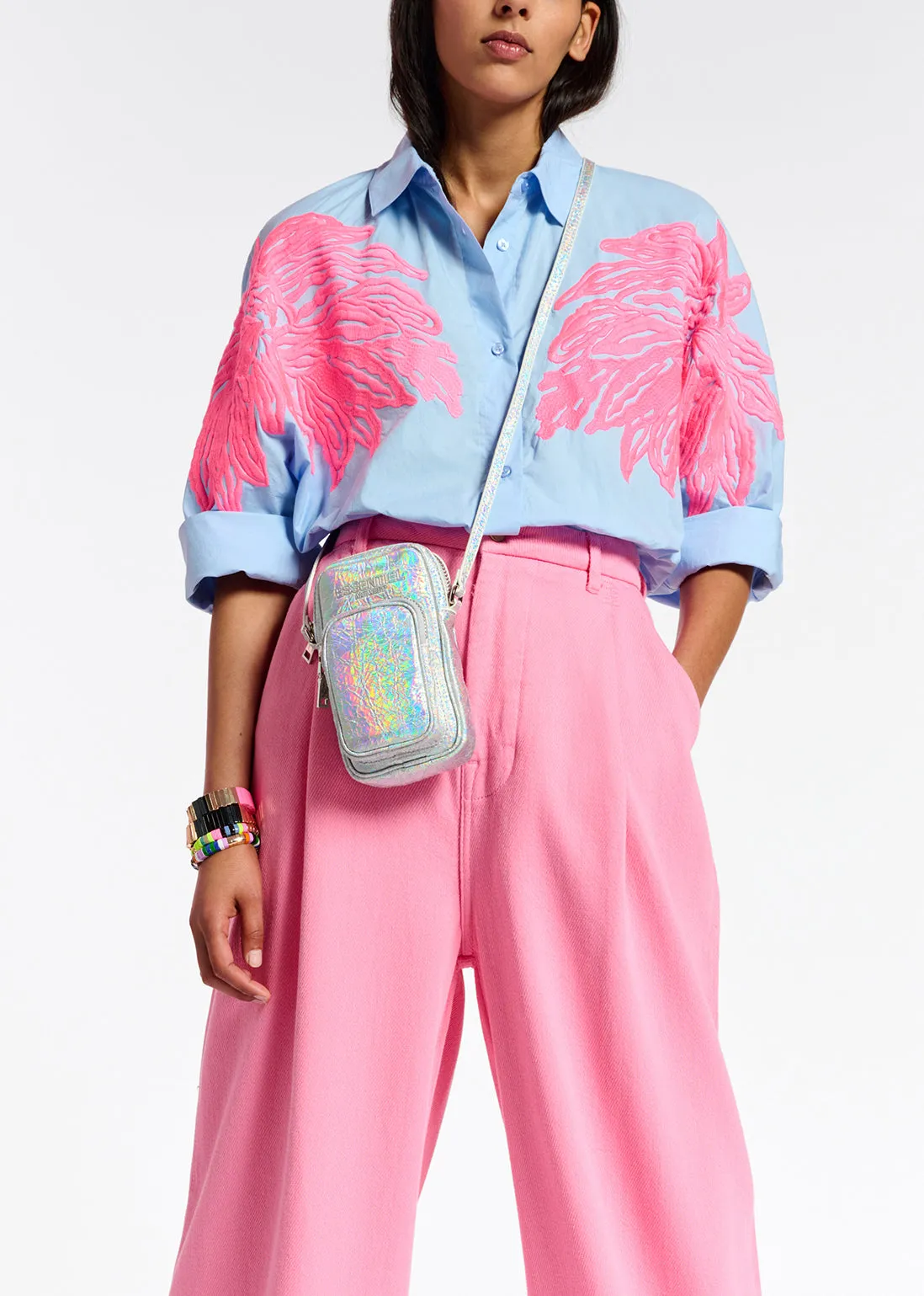 Blue and neon pink cotton embroidered shirt