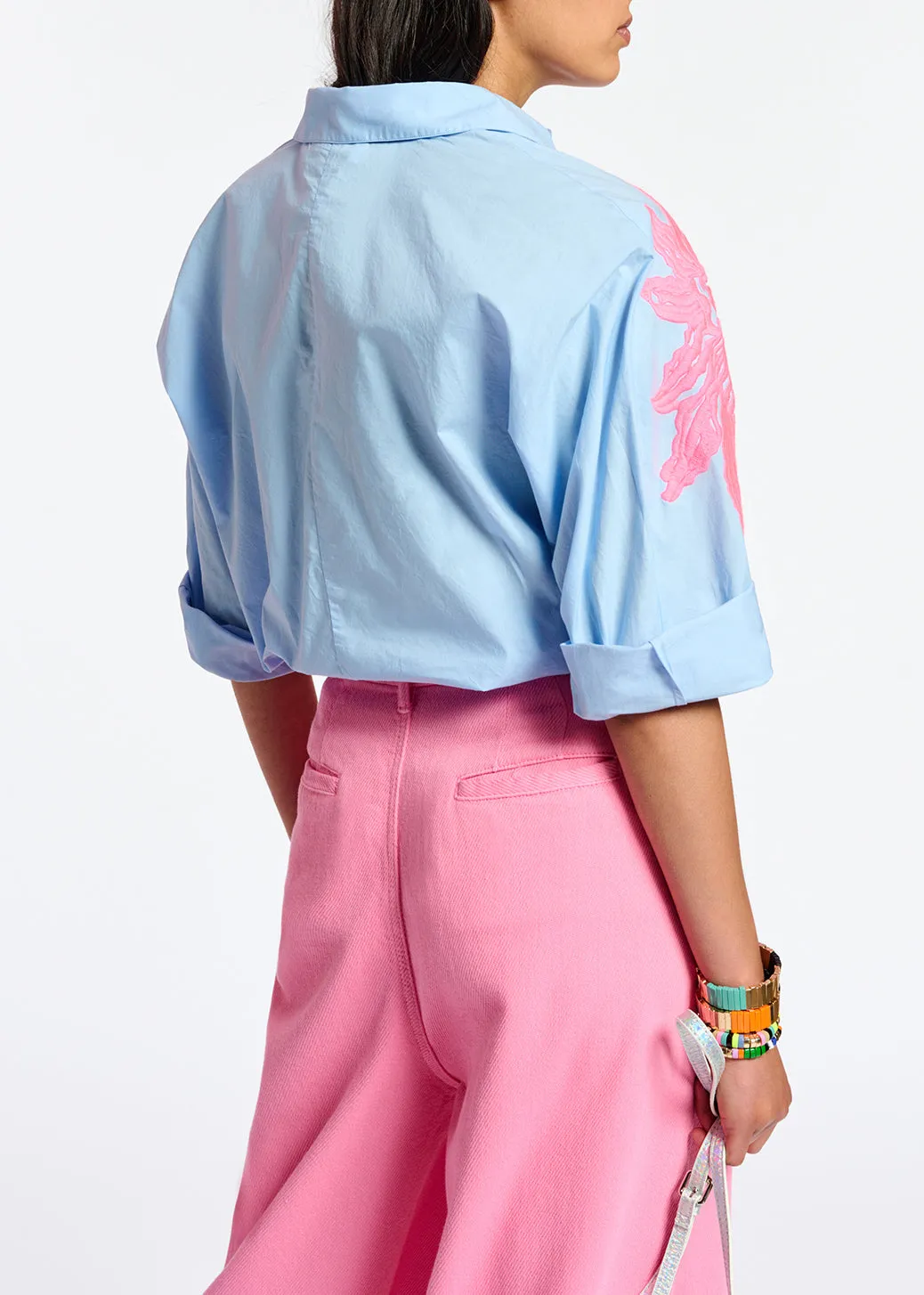 Blue and neon pink cotton embroidered shirt