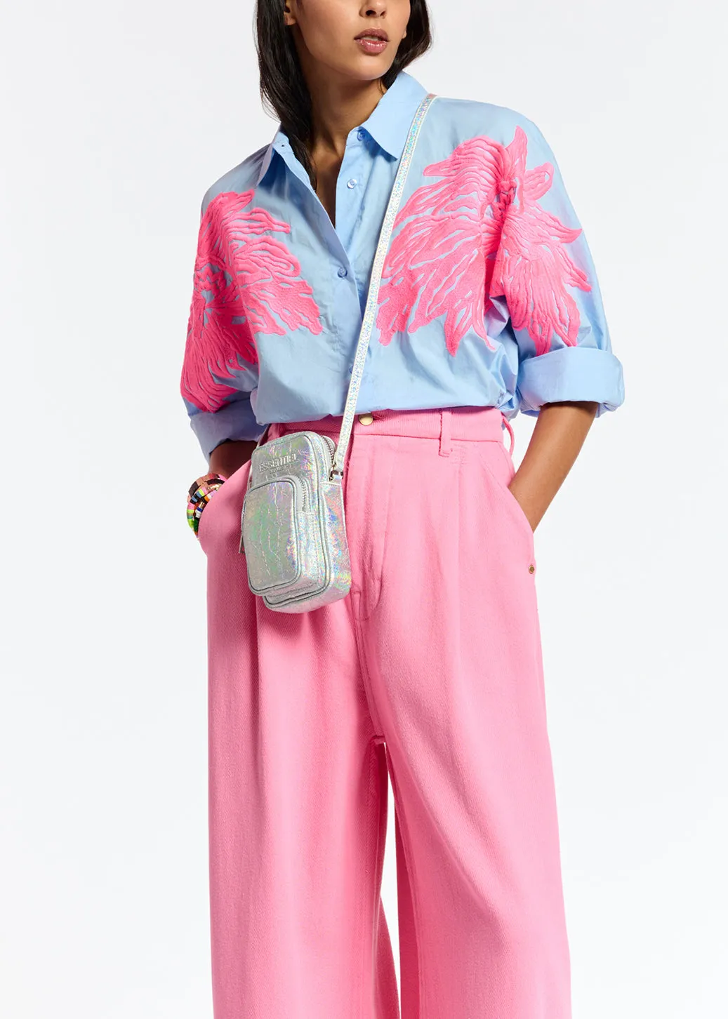 Blue and neon pink cotton embroidered shirt