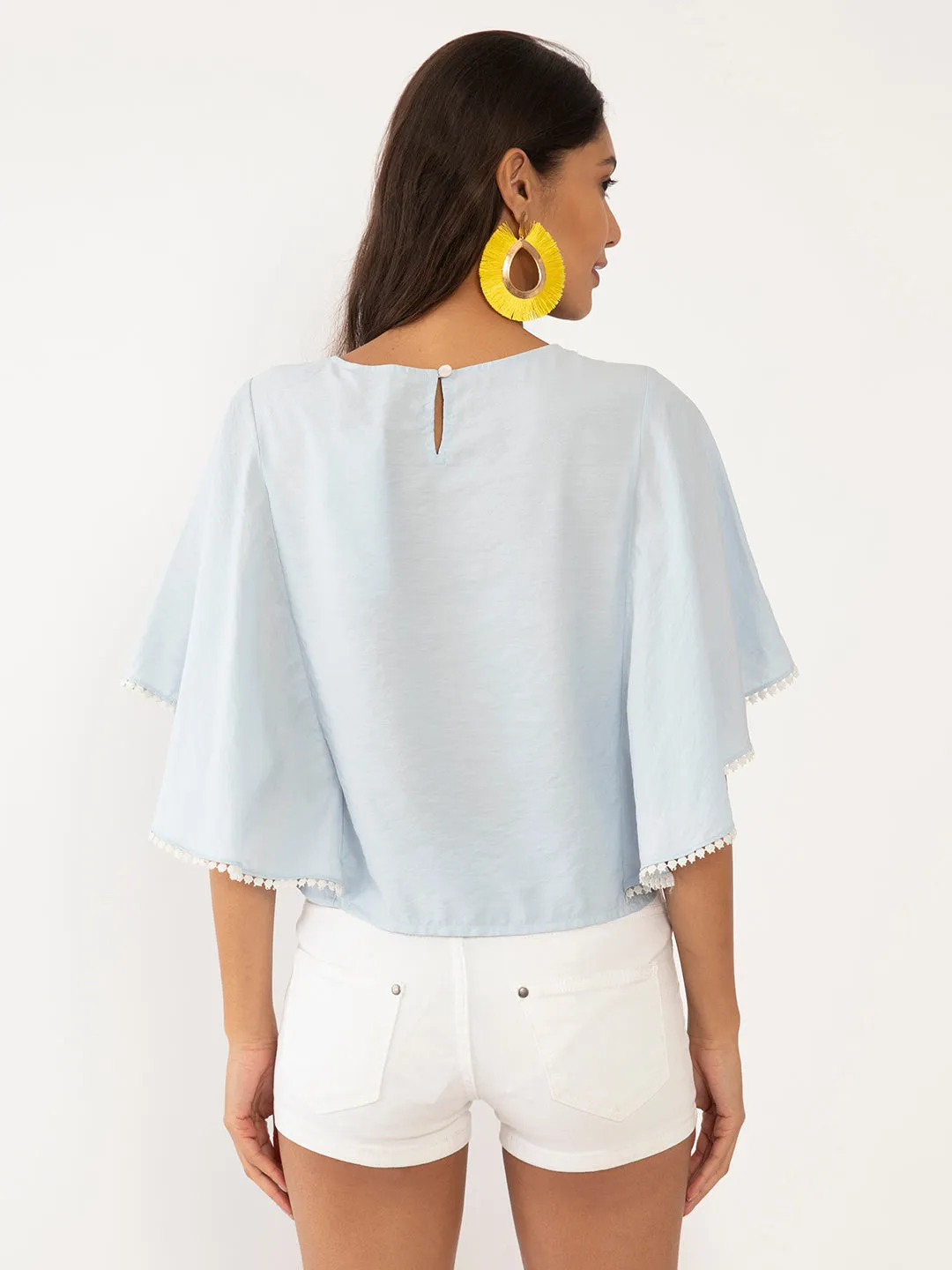 Blue Embroidered Flared Sleeve Top