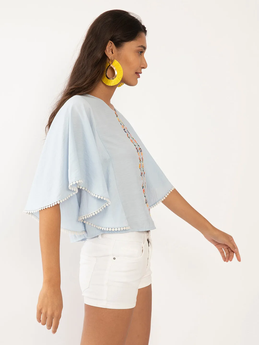 Blue Embroidered Flared Sleeve Top