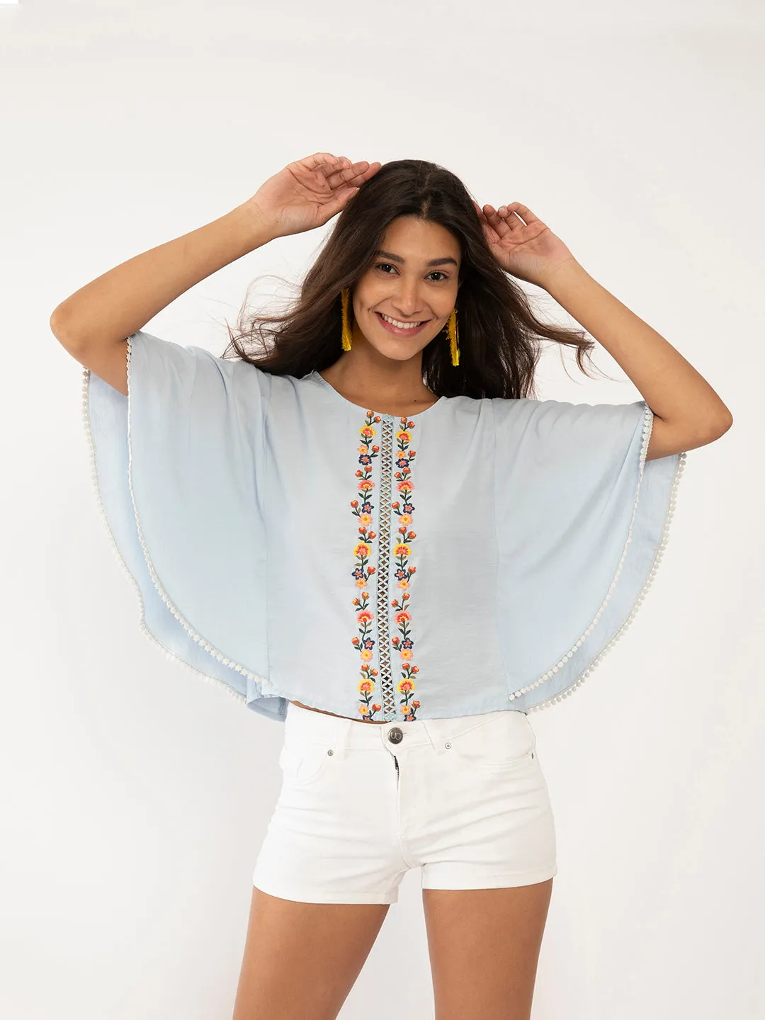 Blue Embroidered Flared Sleeve Top