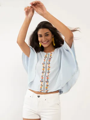 Blue Embroidered Flared Sleeve Top