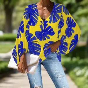 Blue Monstera on Yellow V-Neck Chiffon Puff Sleeve Blouse by Luxtrini