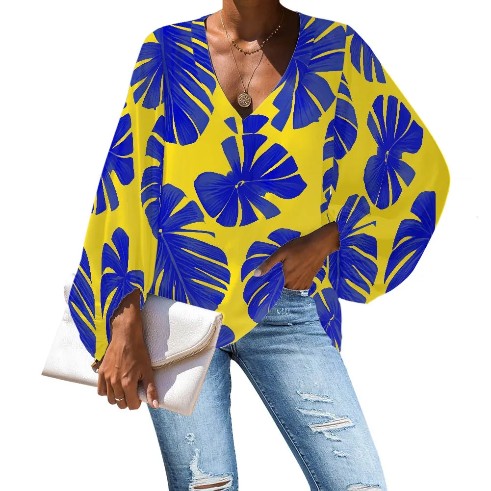 Blue Monstera on Yellow V-Neck Chiffon Puff Sleeve Blouse by Luxtrini