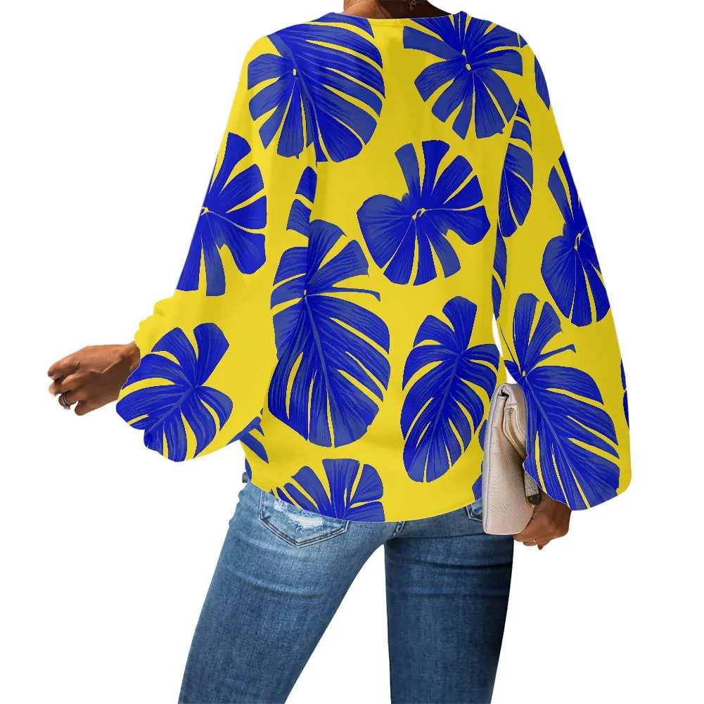 Blue Monstera on Yellow V-Neck Chiffon Puff Sleeve Blouse by Luxtrini