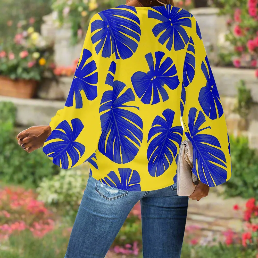 Blue Monstera on Yellow V-Neck Chiffon Puff Sleeve Blouse by Luxtrini