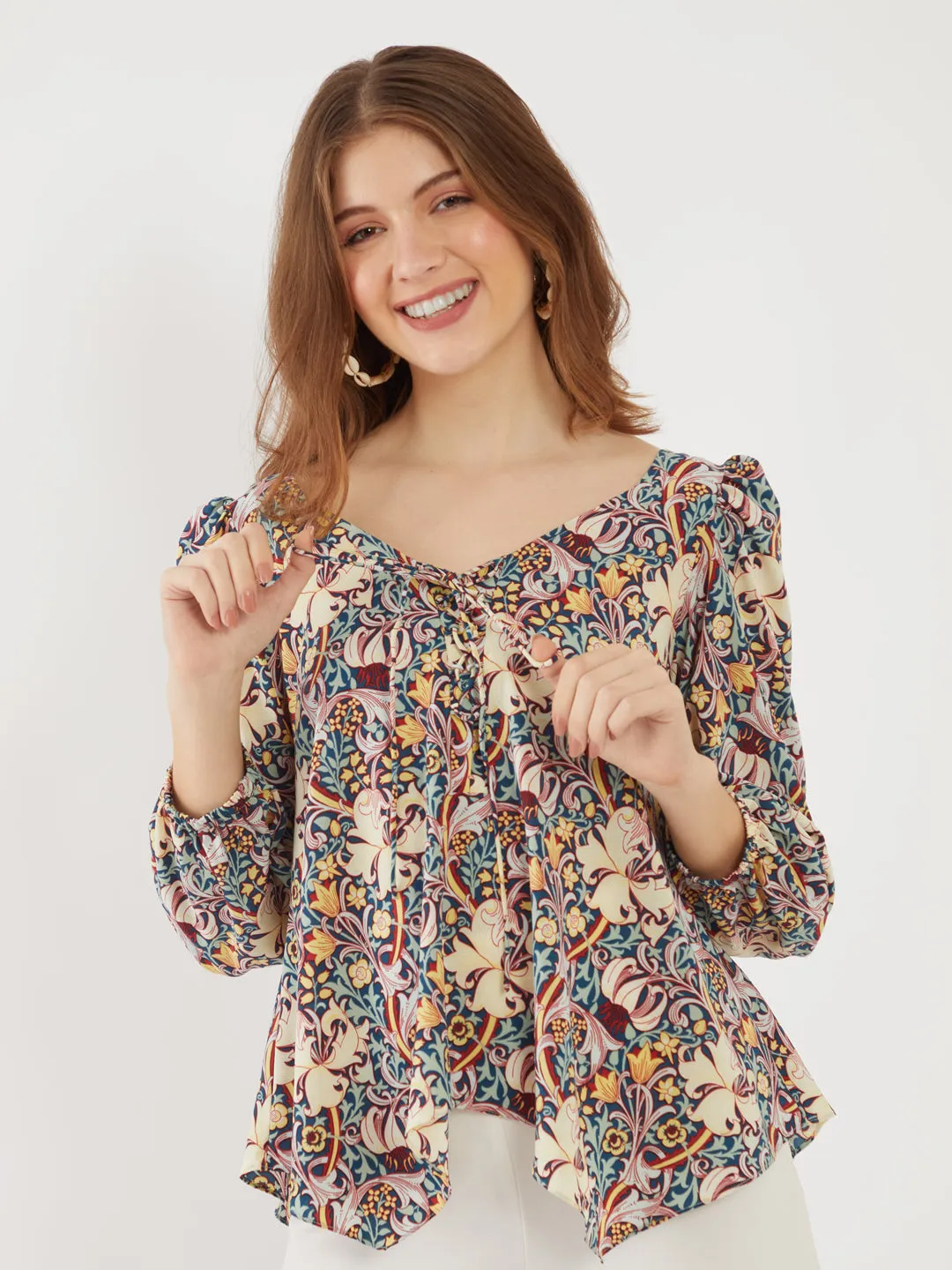 Blue Printed Puff Sleeve Top
