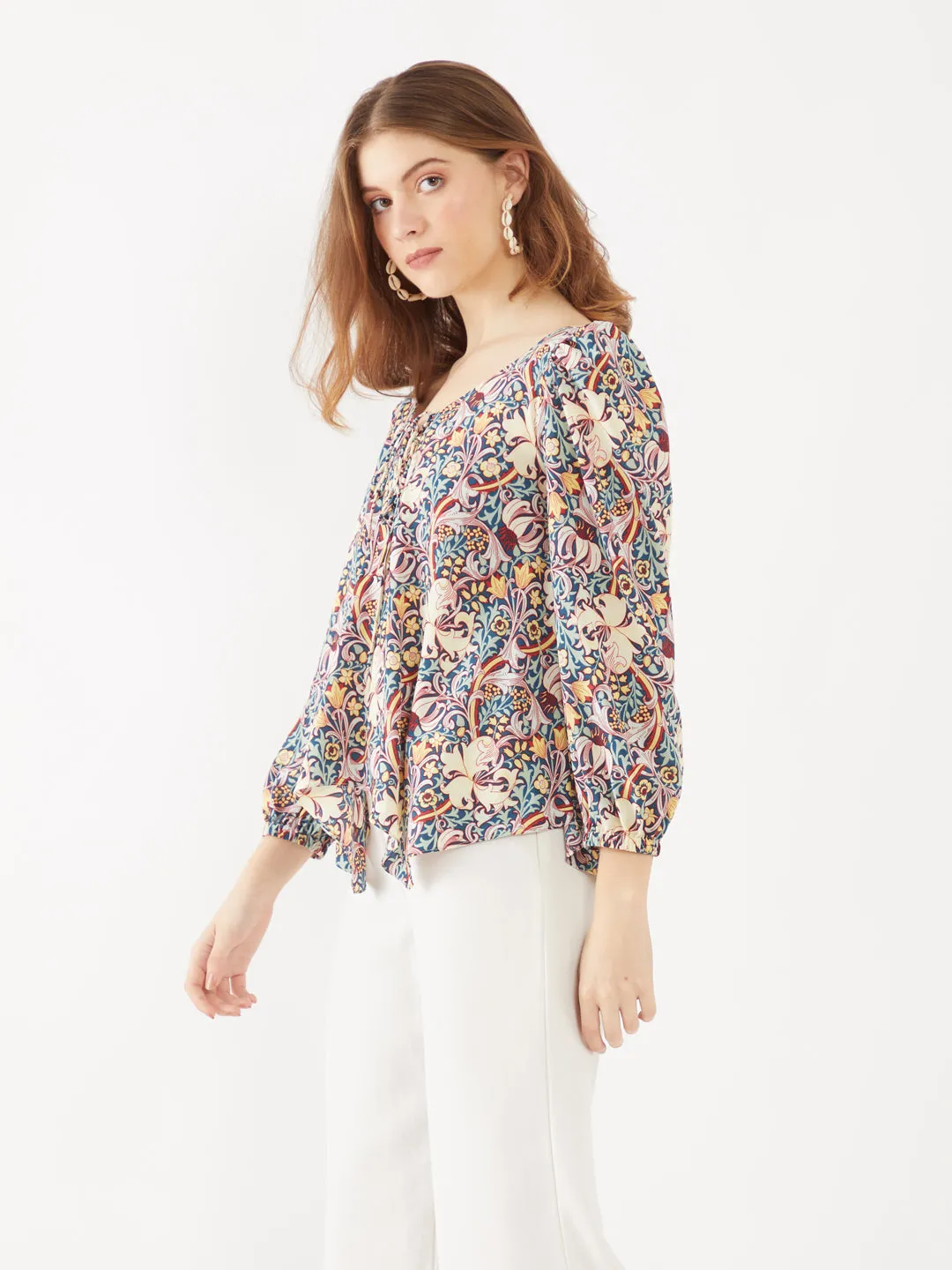 Blue Printed Puff Sleeve Top