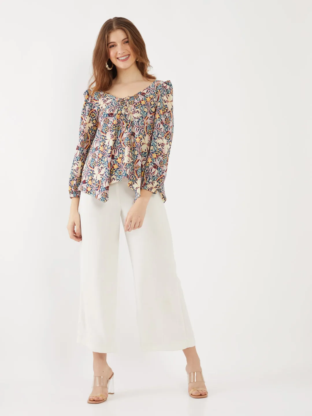 Blue Printed Puff Sleeve Top
