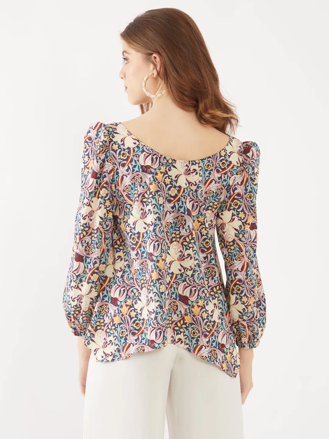 Blue Printed Puff Sleeve Top