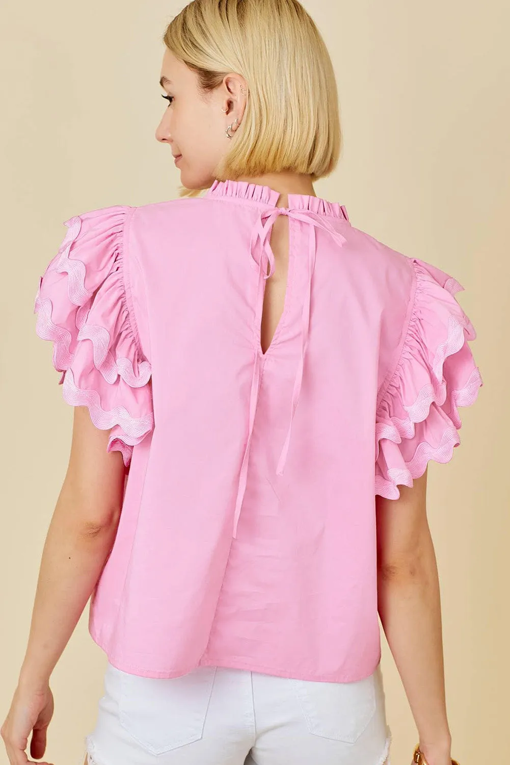Bonbon Ricrac Ruffled Sleeve Frilled Collar Blouse Pink