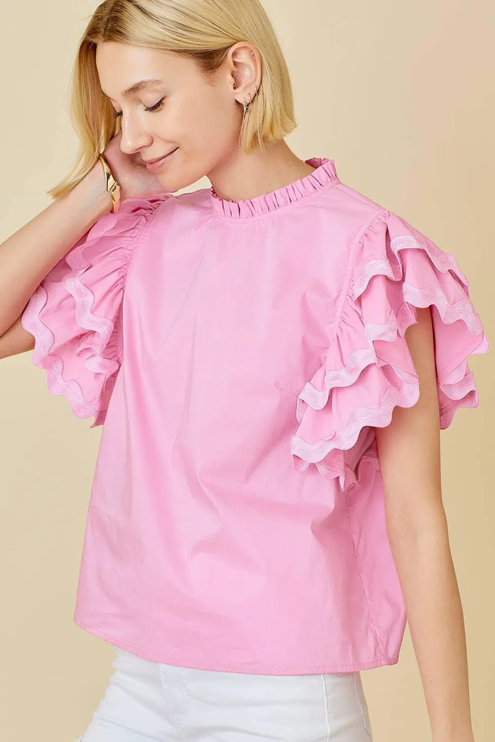 Bonbon Ricrac Ruffled Sleeve Frilled Collar Blouse Pink