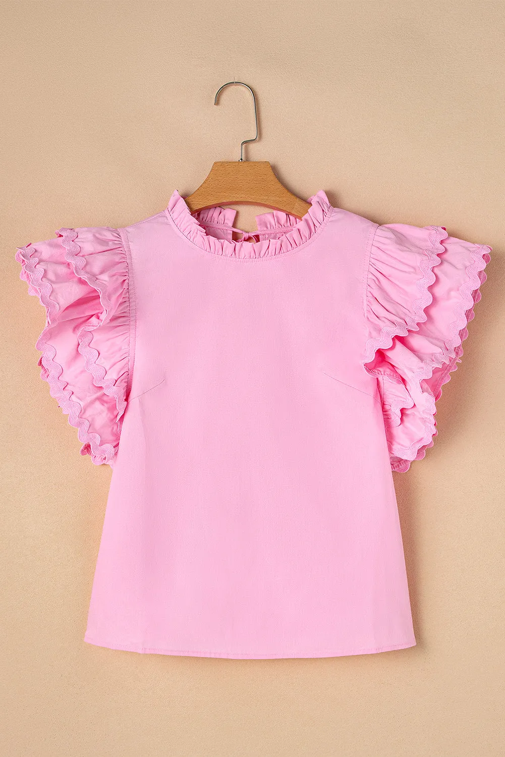 Bonbon Ricrac Ruffled Sleeve Frilled Collar Blouse Pink