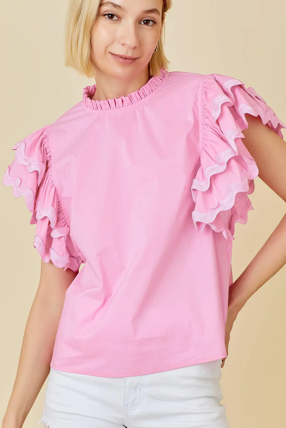 Bonbon Ricrac Ruffled Sleeve Frilled Collar Blouse Pink