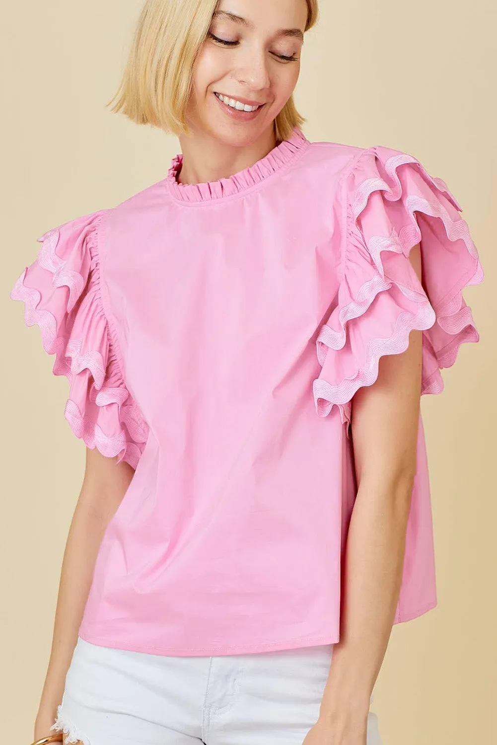 Bonbon Ricrac Ruffled Sleeve Frilled Collar Blouse Pink