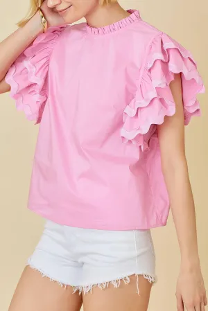 Bonbon Ricrac Ruffled Sleeve Frilled Collar Blouse Pink