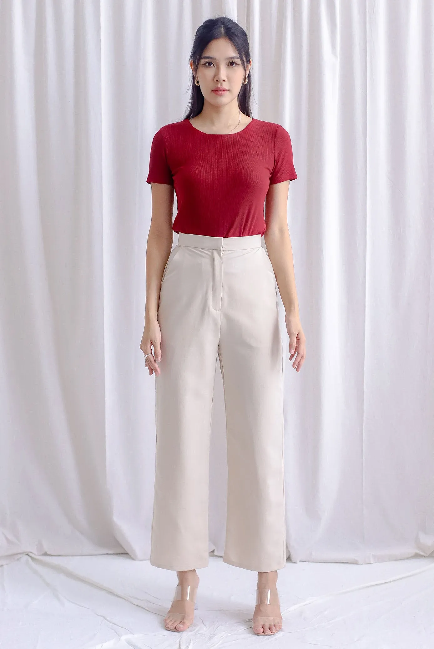 Branca Sleeved Ribbed Top In Wine Red