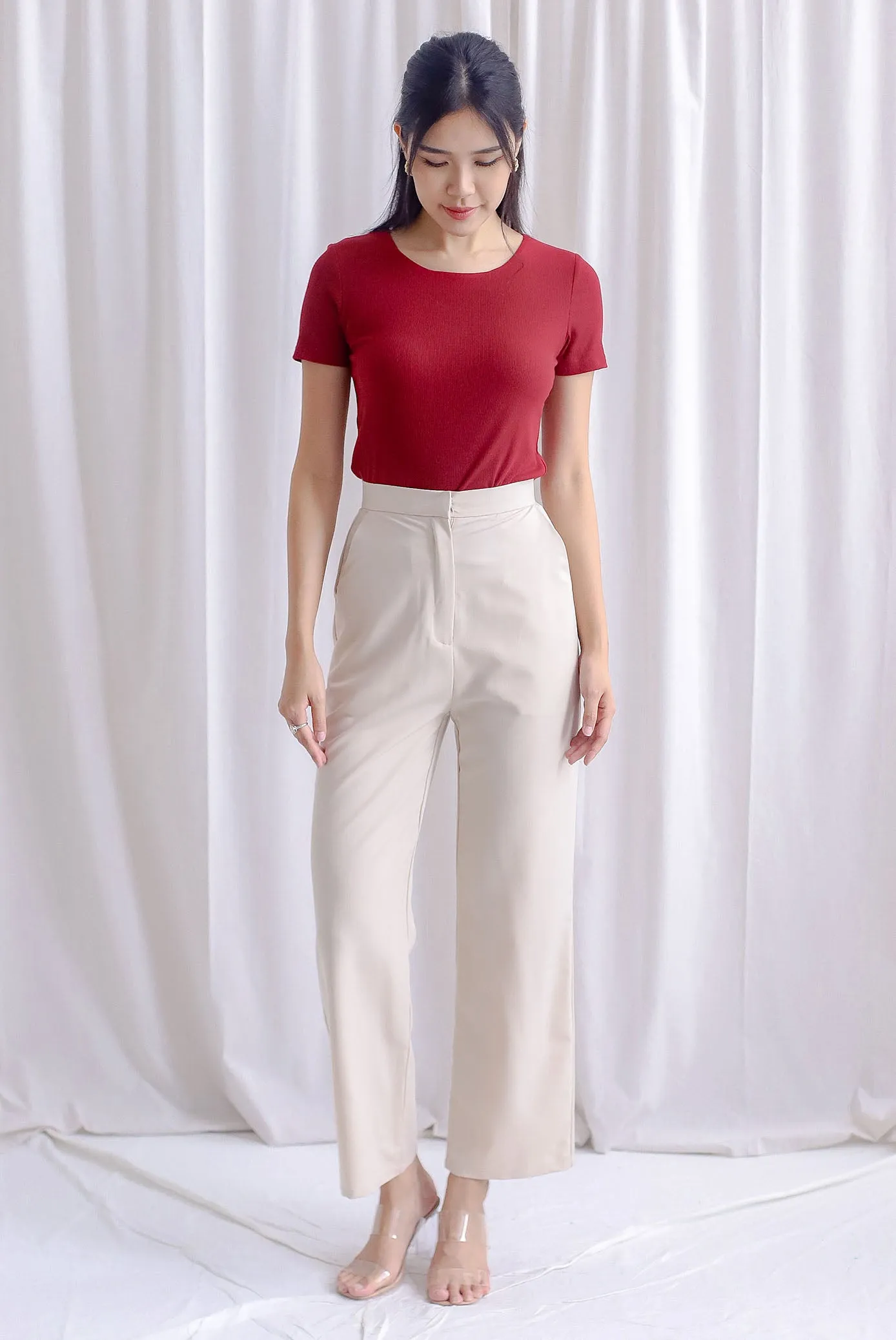 Branca Sleeved Ribbed Top In Wine Red