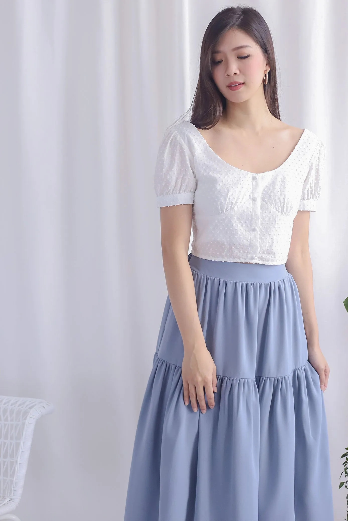 Britta Bustier Buttons Crop Top In White Swiss dot
