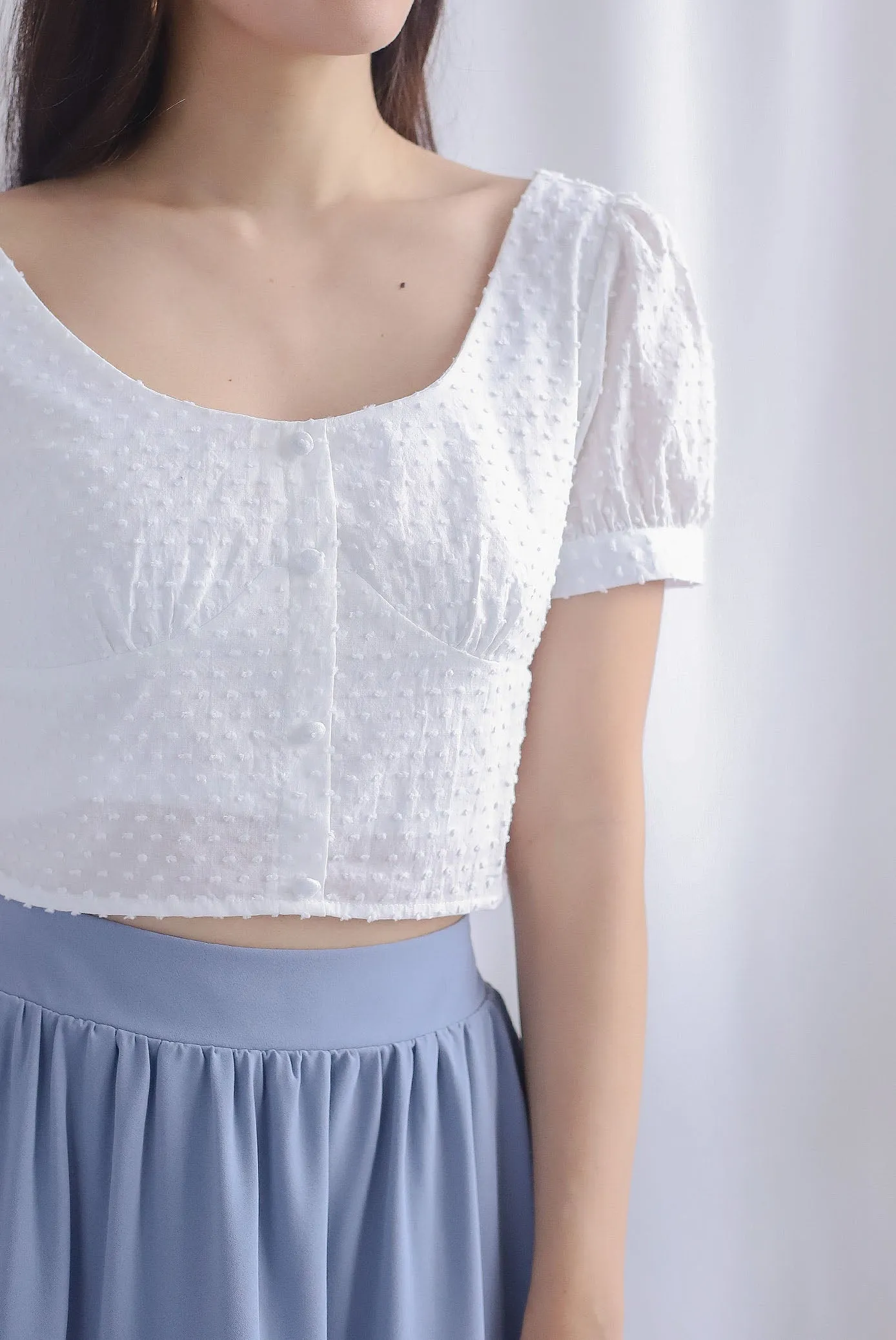 Britta Bustier Buttons Crop Top In White Swiss dot