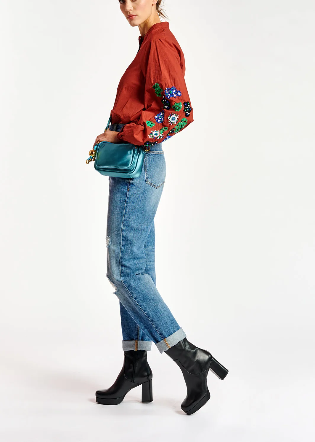 Burgundy sequin-embroidered shirt