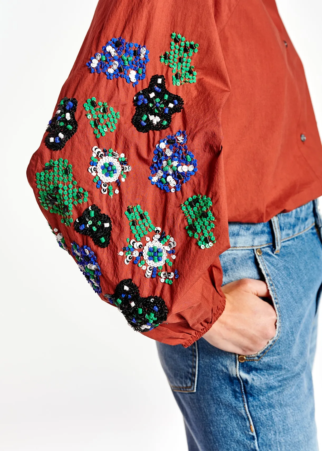 Burgundy sequin-embroidered shirt