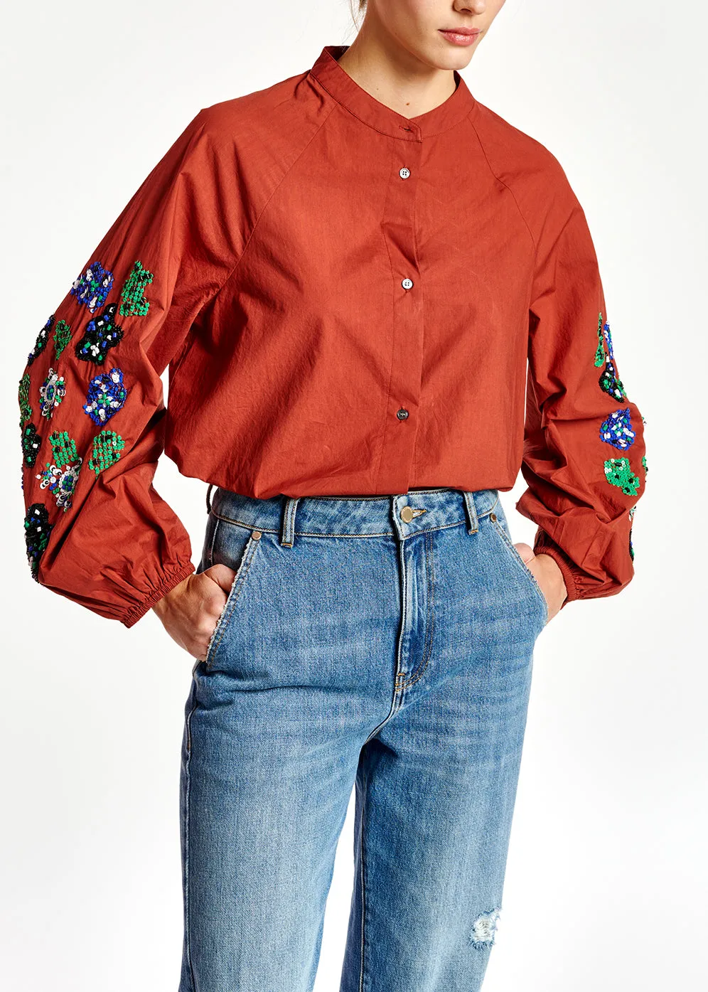 Burgundy sequin-embroidered shirt