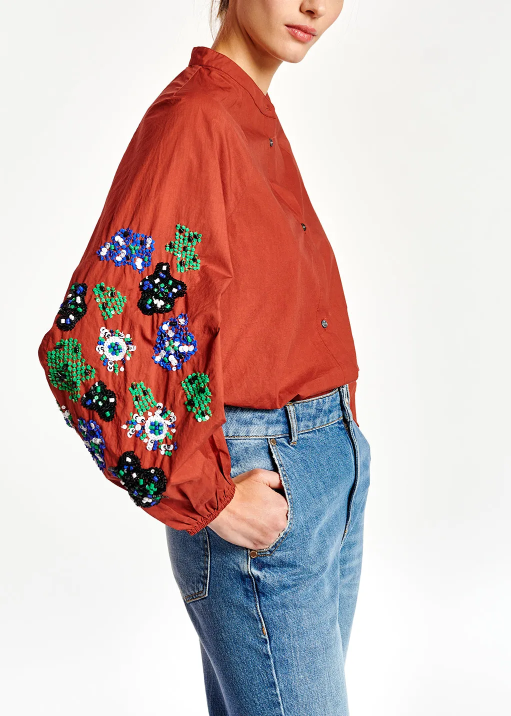 Burgundy sequin-embroidered shirt