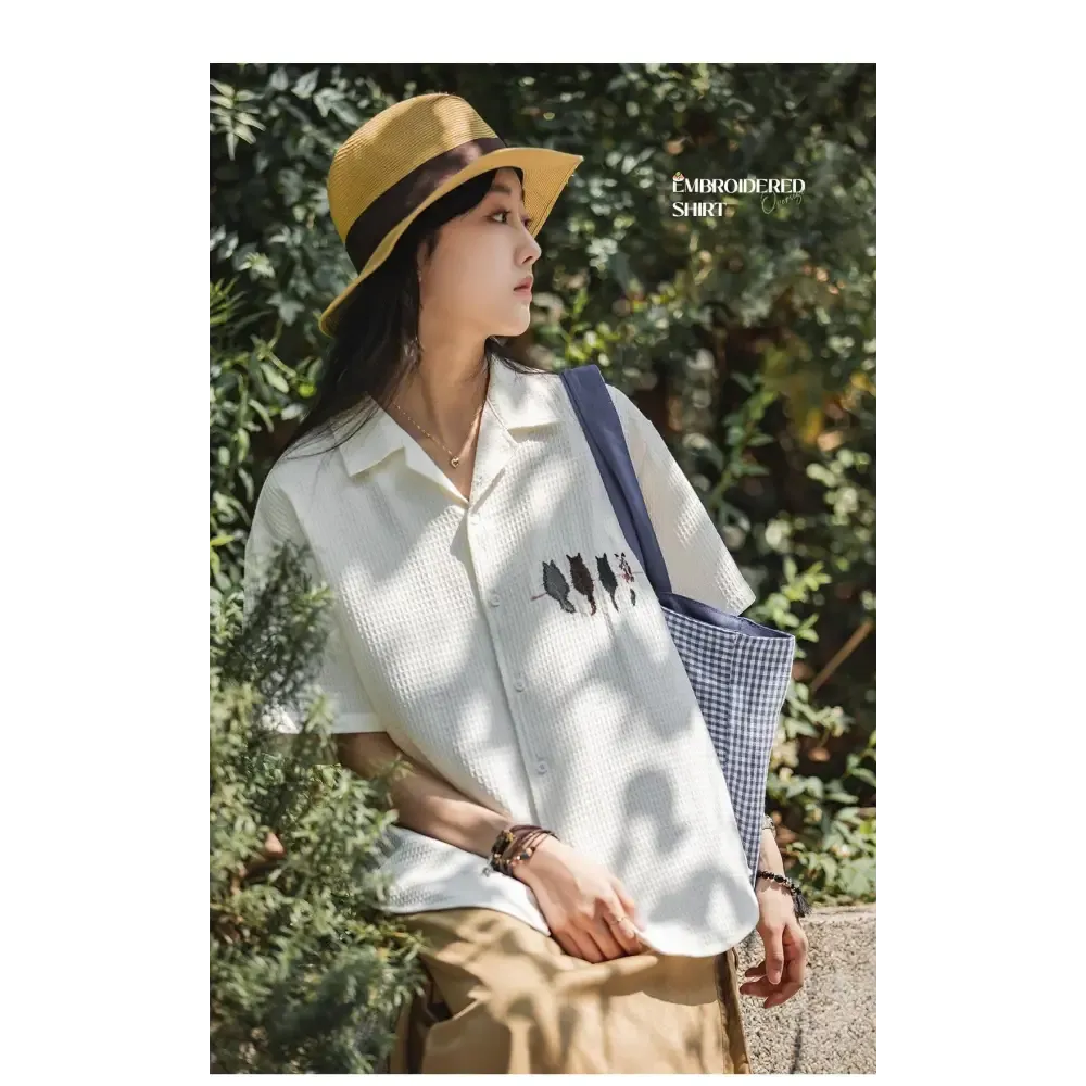 Cat Embroidered Shirt for a Whimsical Summer Look