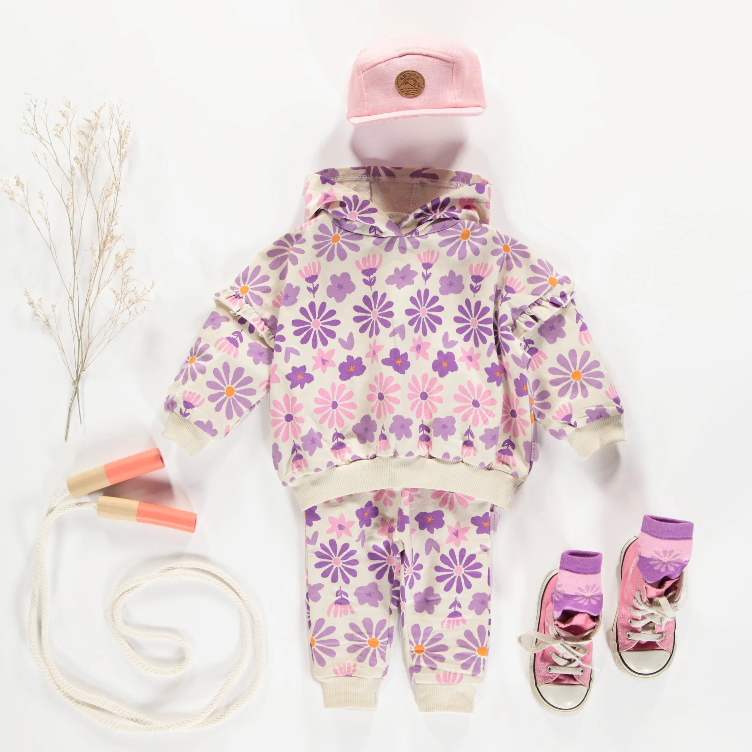 Chandail à capuchon crème fleuri mauve en coton français, bébé || Cream hoodie with purple floral print in French terry, baby