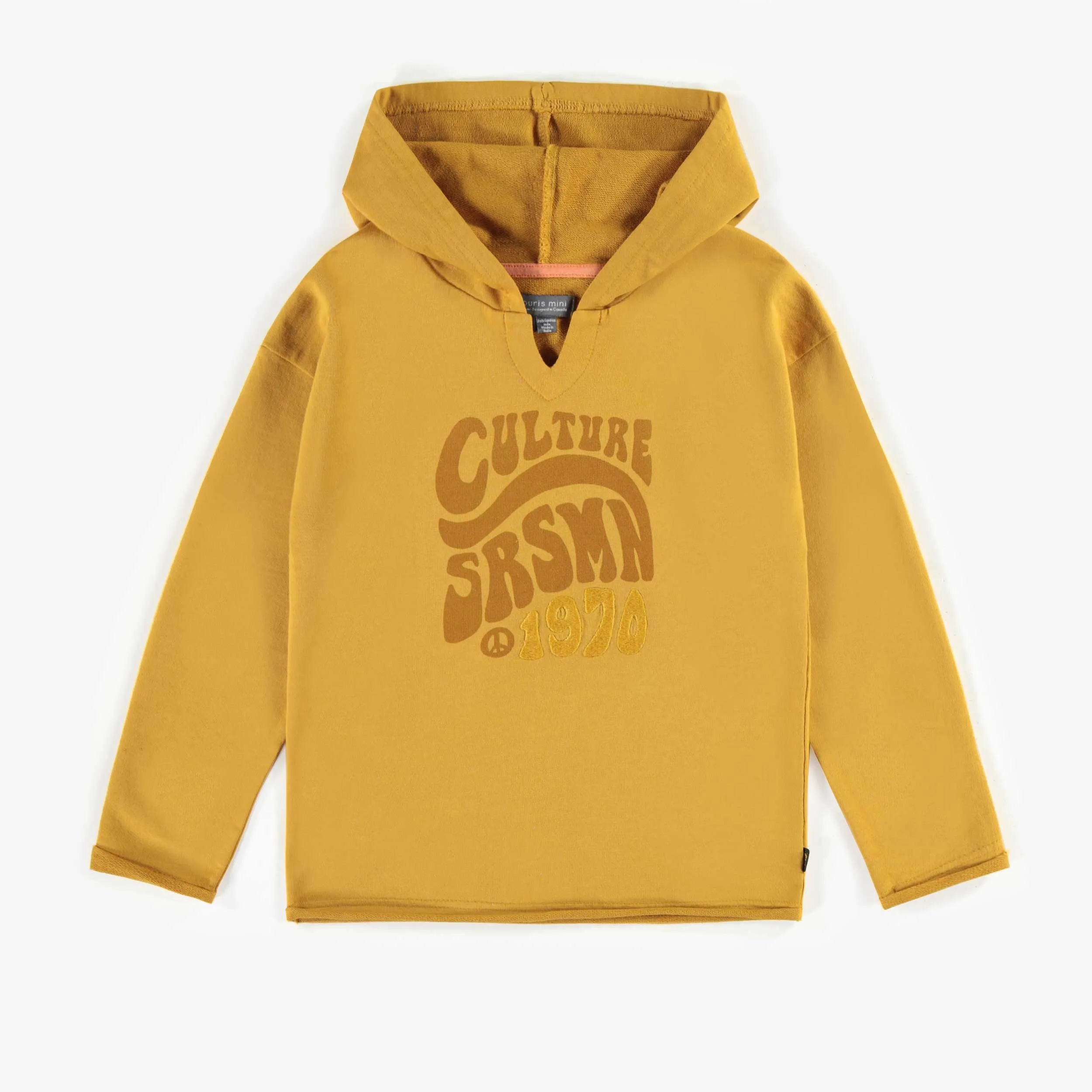 Chandail moutarde avec capuchon à manches longues en coton français, enfant || Mustard long sleeves hoodie in french terry, child