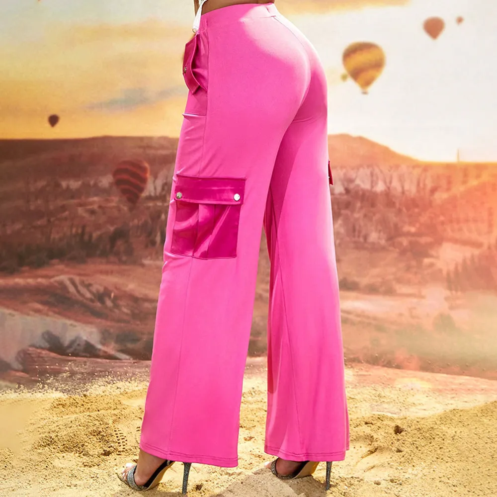 Chic Pink Wide-Leg Cargo Pants with Stylish Pocket Detailing