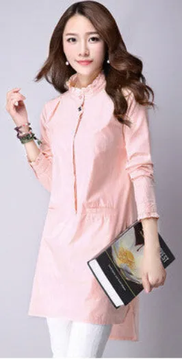 chiffon blouse ladies White and Pink elegant ruffled long sleeve women shirt female office shirt
