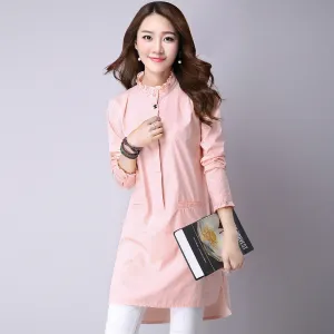 chiffon blouse ladies White and Pink elegant ruffled long sleeve women shirt female office shirt