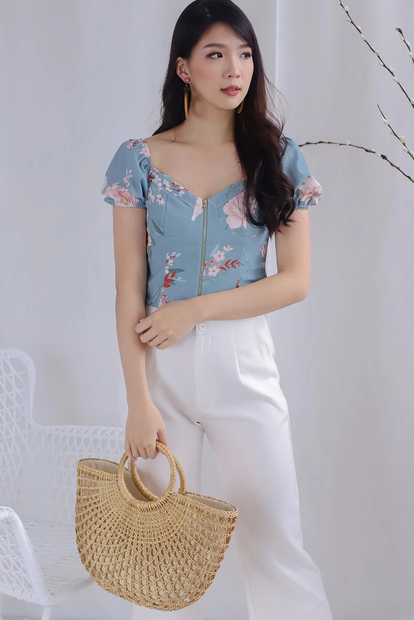 Clarabelle Floral Bustier Top In Ash Blue