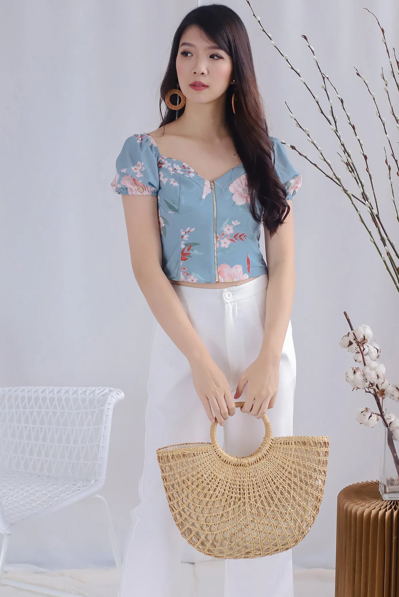 Clarabelle Floral Bustier Top In Ash Blue