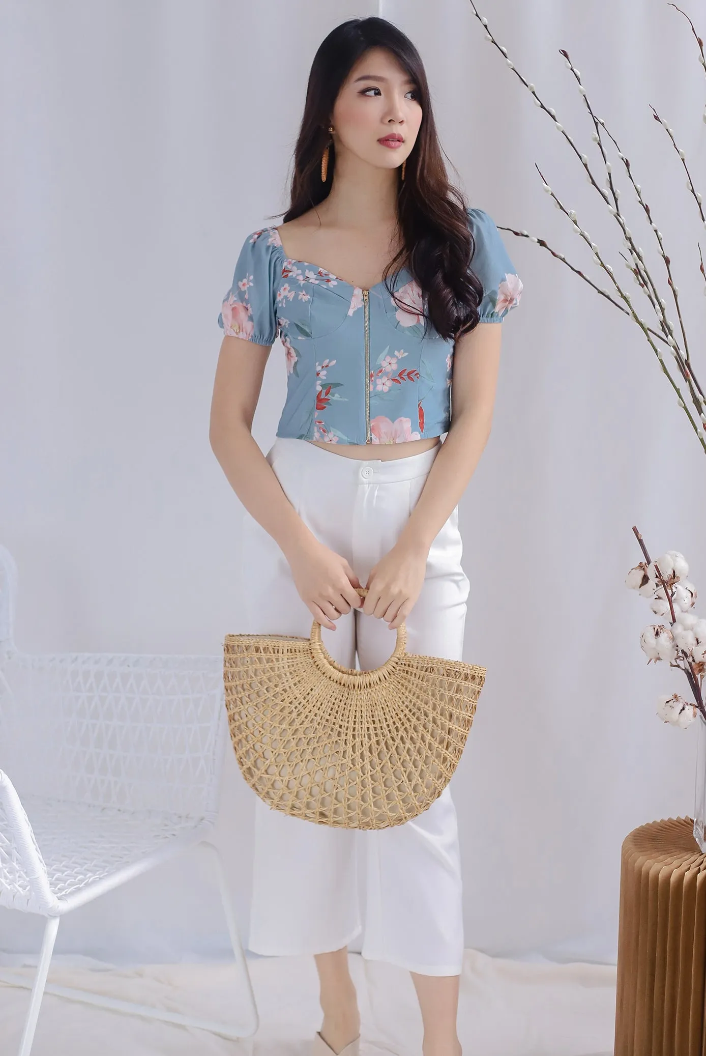 Clarabelle Floral Bustier Top In Ash Blue