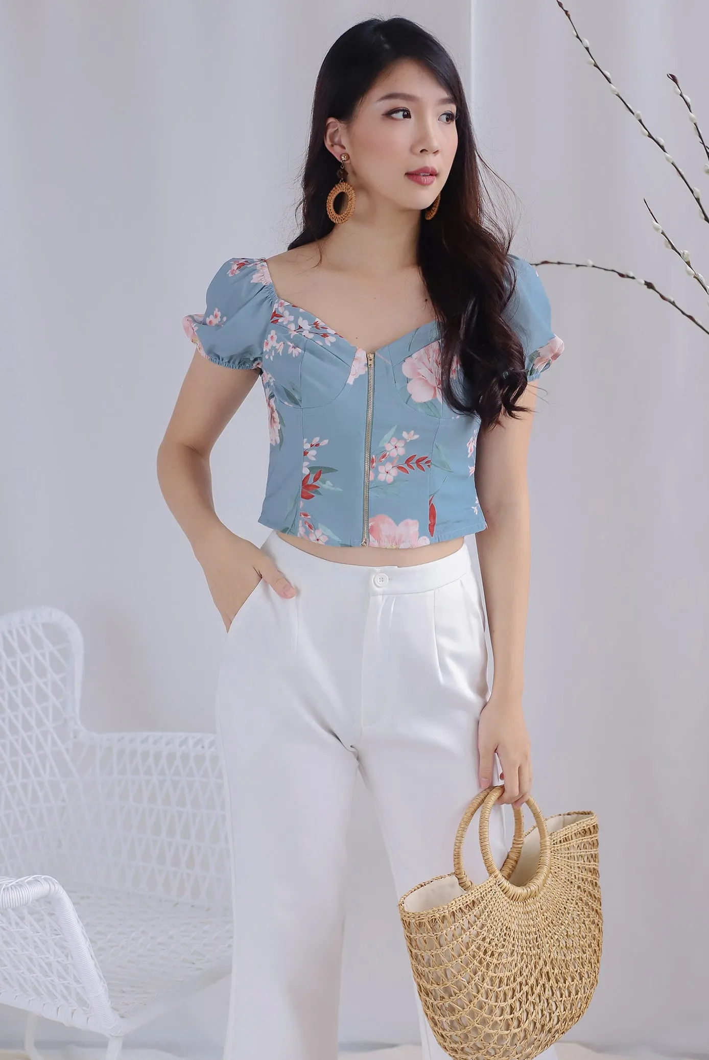 Clarabelle Floral Bustier Top In Ash Blue