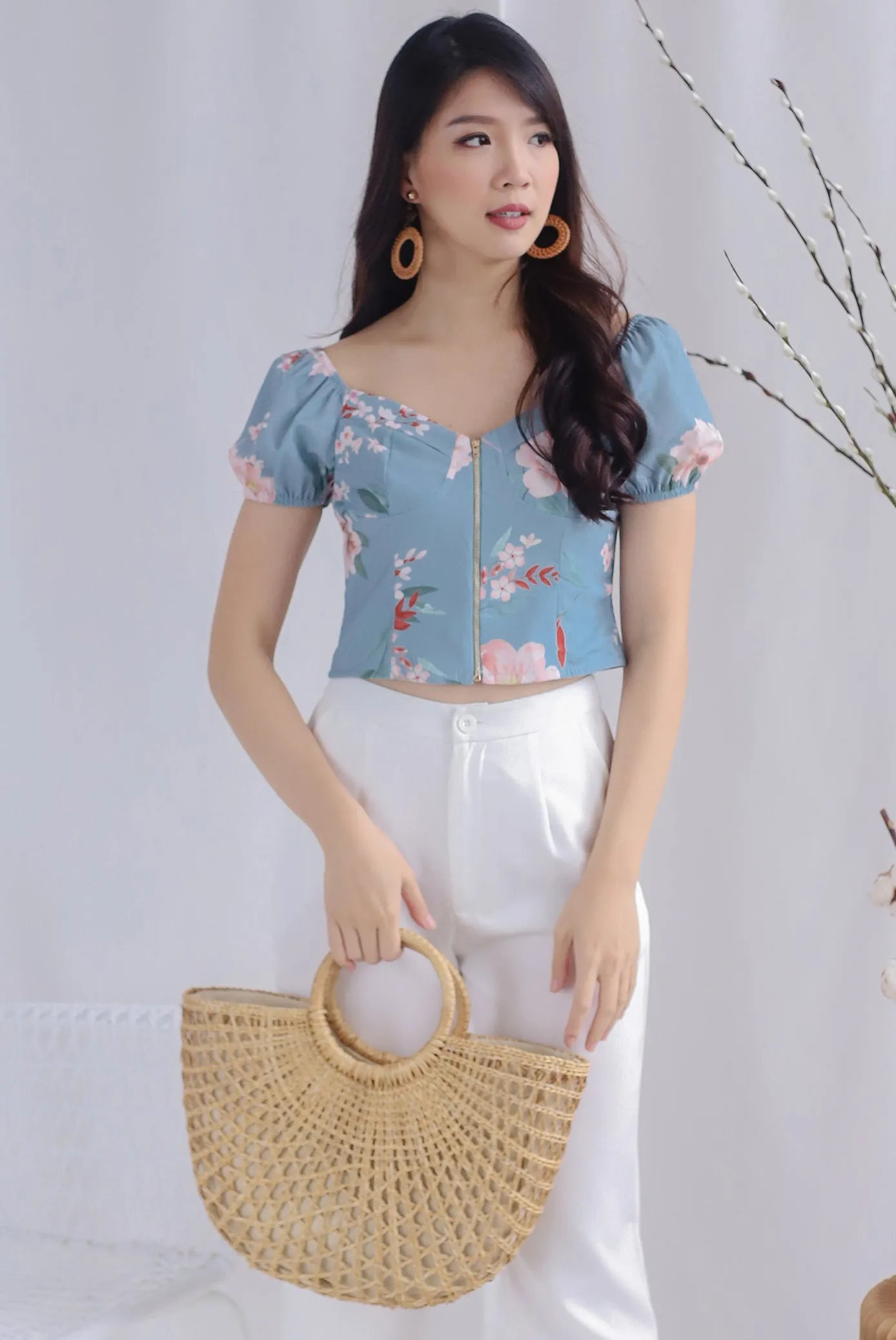 Clarabelle Floral Bustier Top In Ash Blue