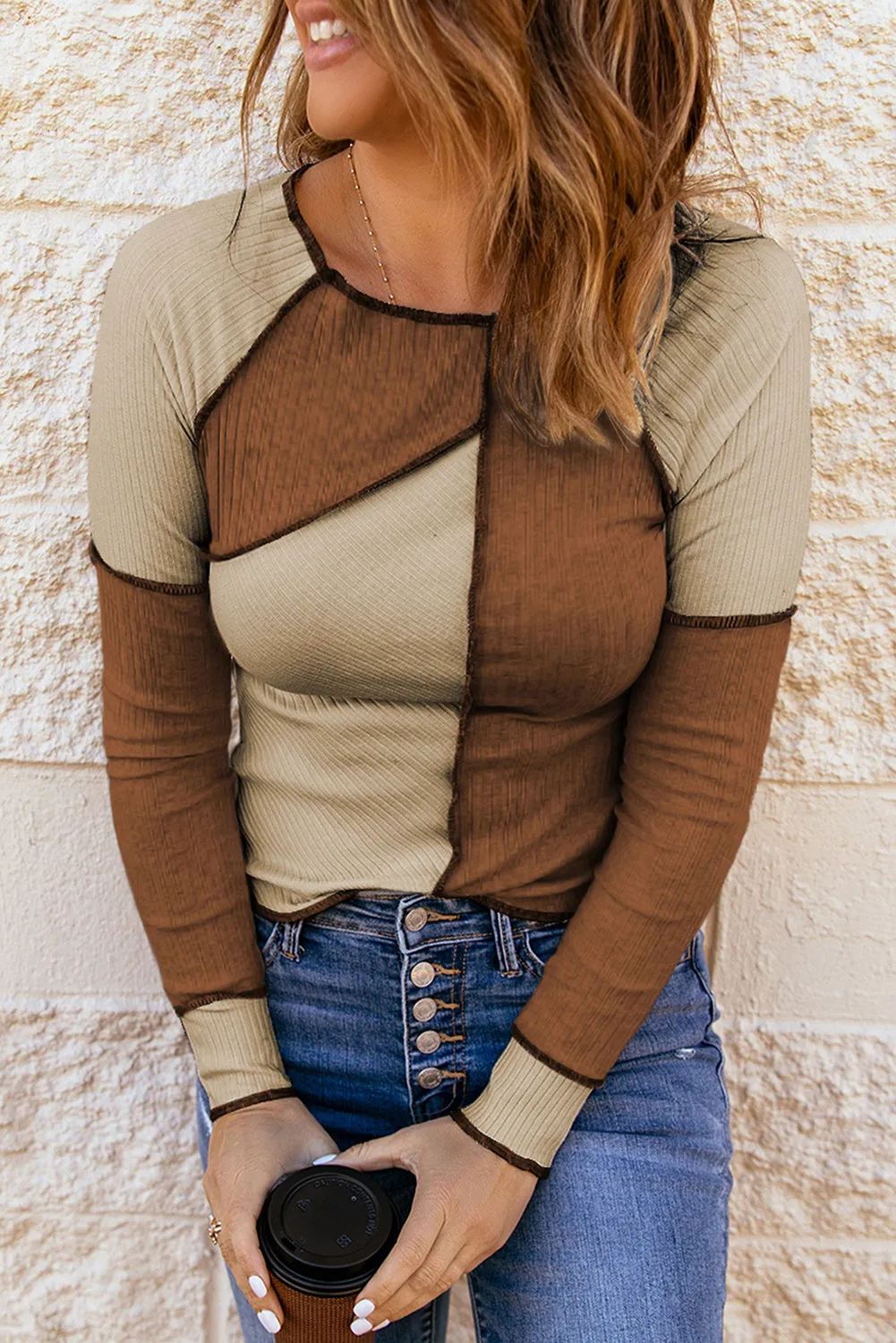 COLOR BLOCK EXPOSED SEAM KNIT TOP