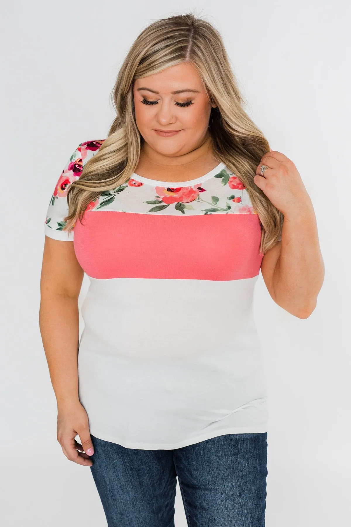 Color Block Short Sleeve Floral Top- White & Pink
