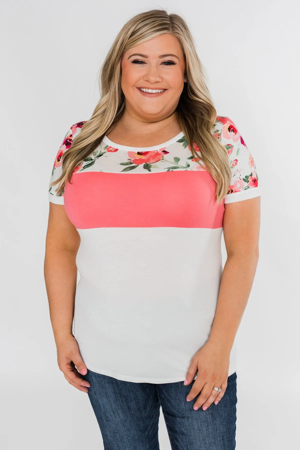 Color Block Short Sleeve Floral Top- White & Pink