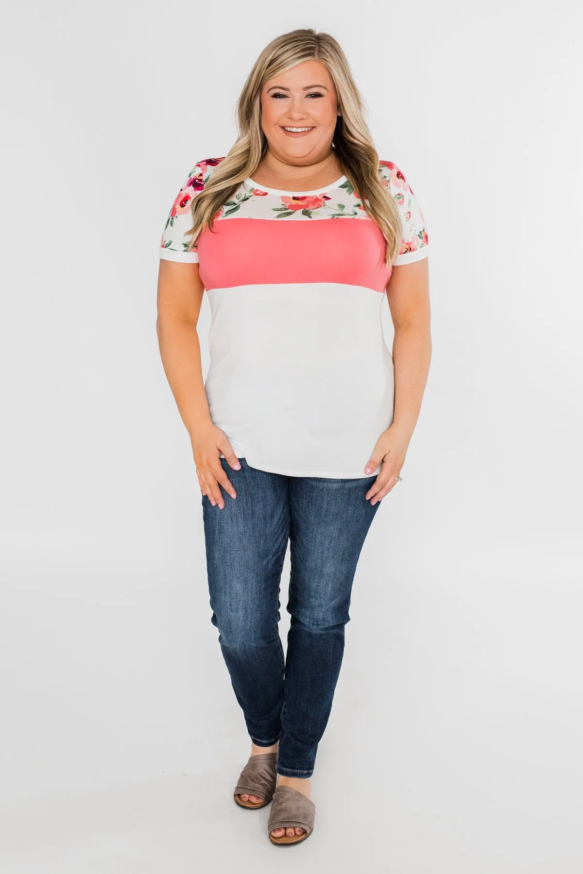 Color Block Short Sleeve Floral Top- White & Pink