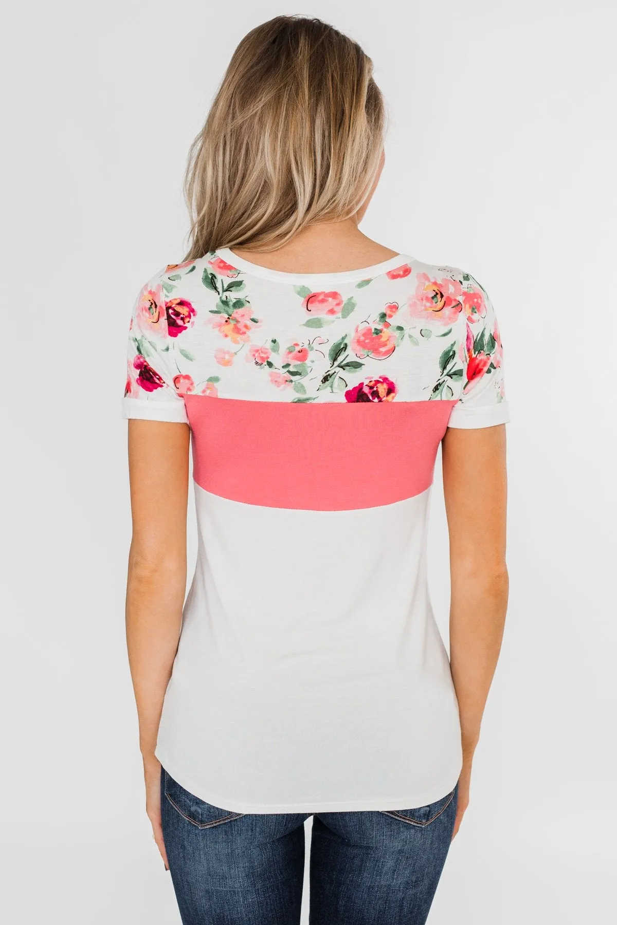 Color Block Short Sleeve Floral Top- White & Pink