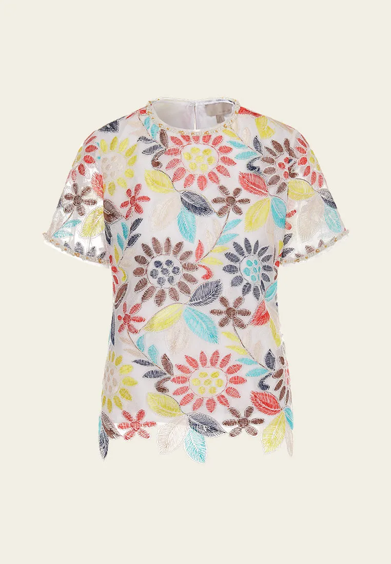 Colorful Embroidered Embellished-trim Shirt
