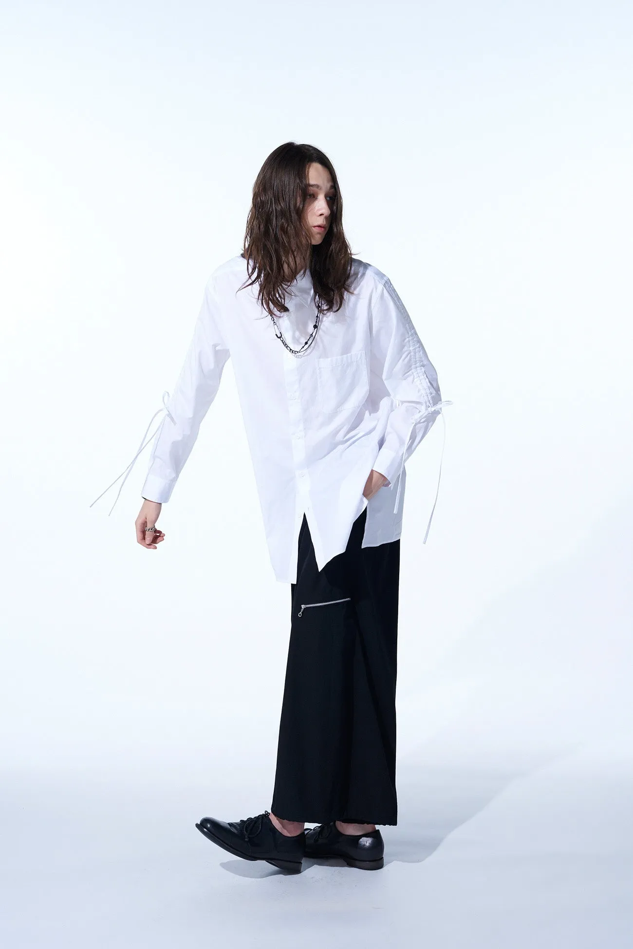 COTTON BROAD CLOTH OVERSIZED SHIRT WITH GATHERED STRINGS