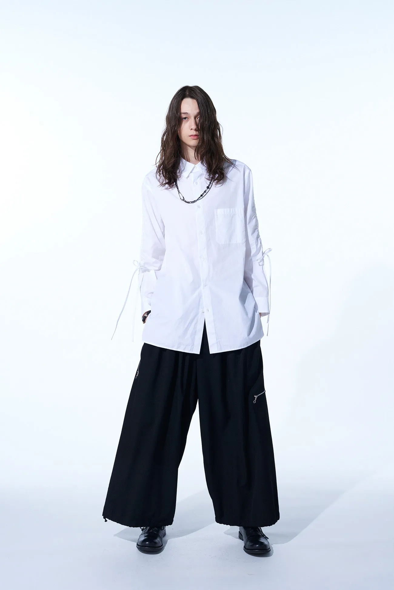 COTTON BROAD CLOTH OVERSIZED SHIRT WITH GATHERED STRINGS