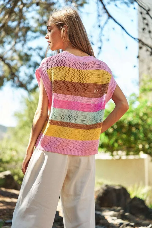 Crochet Multi Striped Pullover Knit Sweater Vest, Davi & Dani (online only)