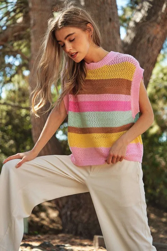Crochet Multi Striped Pullover Knit Sweater Vest, Davi & Dani (online only)